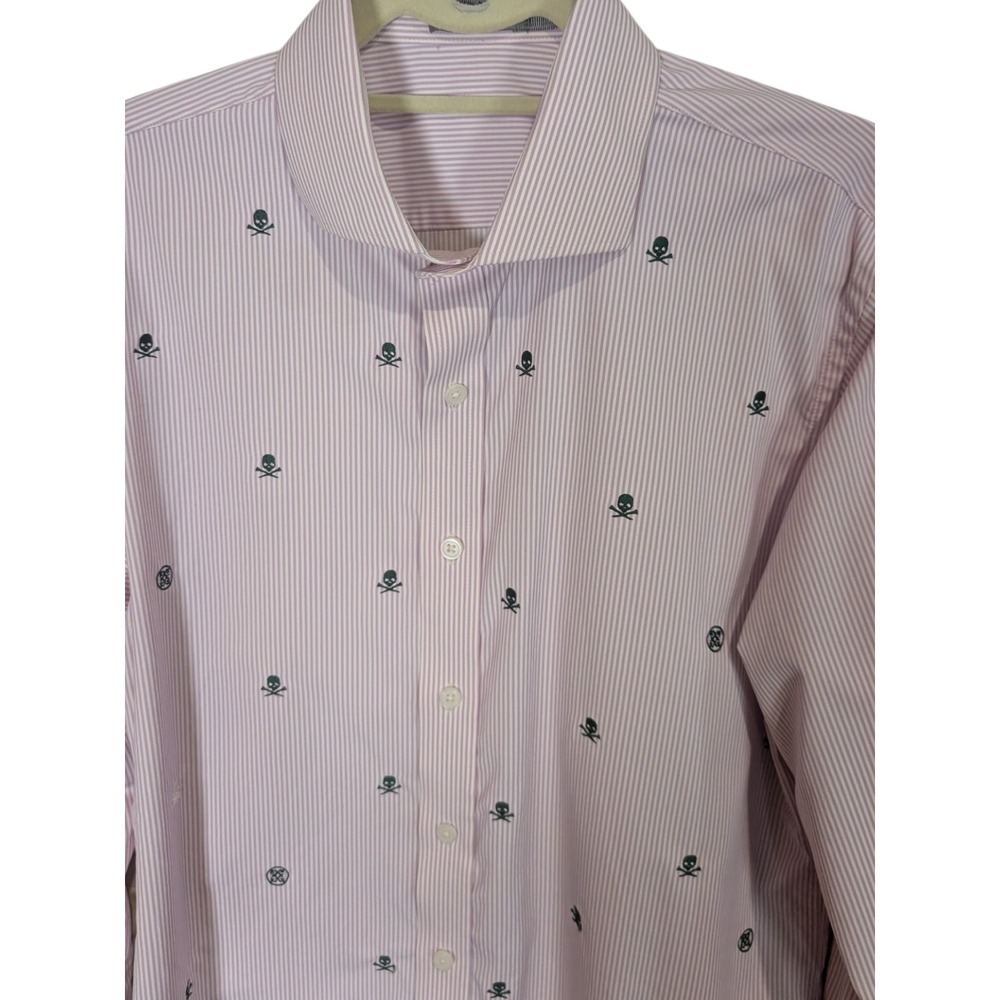 G/FORE Mens Skull Crossbones Striped Golf Shirt Pink White Long Sleeve Large